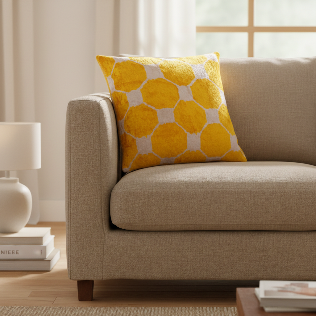 Silk Velvet Ikat Cushion – Off White/Yellow