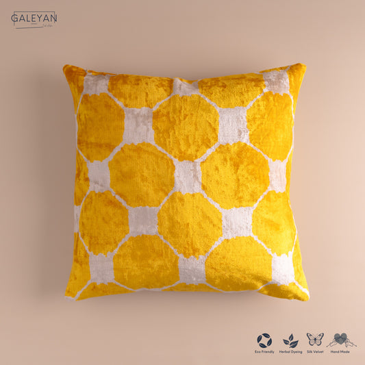 Silk Velvet Ikat Cushion – Off White/Yellow