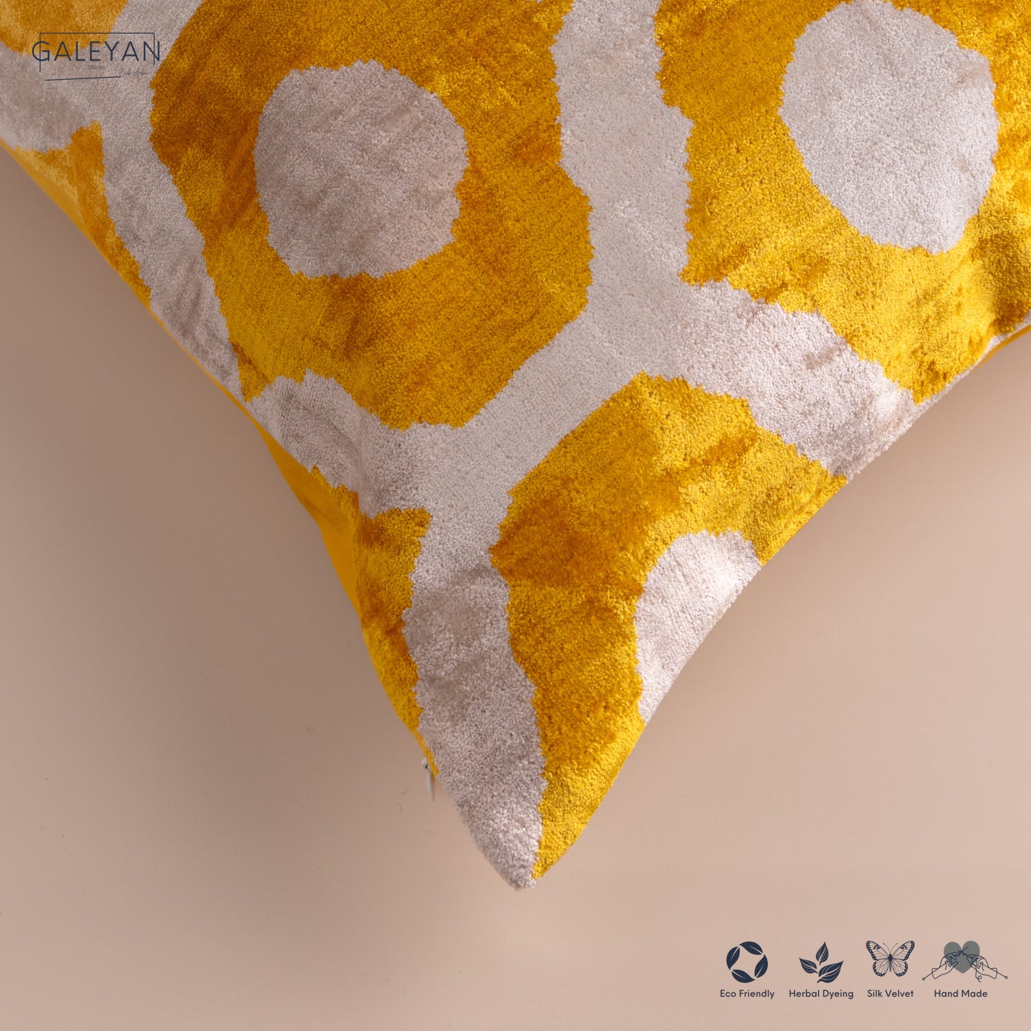 Silk Velvet Ikat Cushion – Off White/Yellow