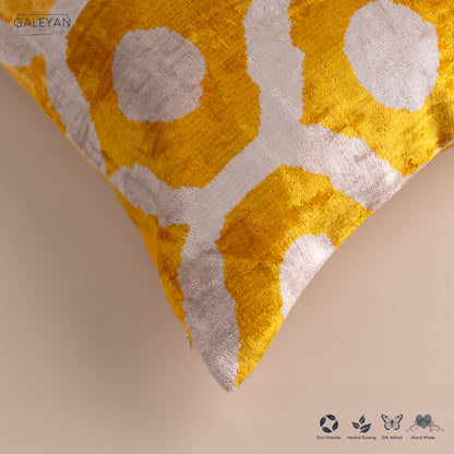Silk Velvet Ikat Cushion – Off White/Yellow