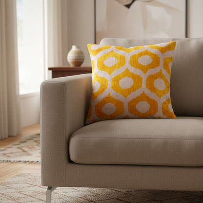 Silk Velvet Ikat Cushion – Off White/Yellow