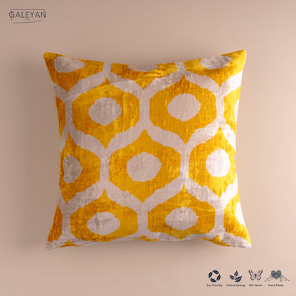 Silk Velvet Ikat Cushion – Off White/Yellow
