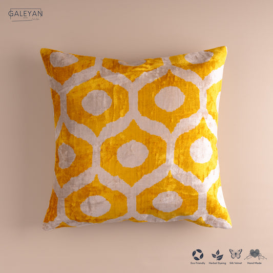 Silk Velvet Ikat Cushion – Off White/Yellow