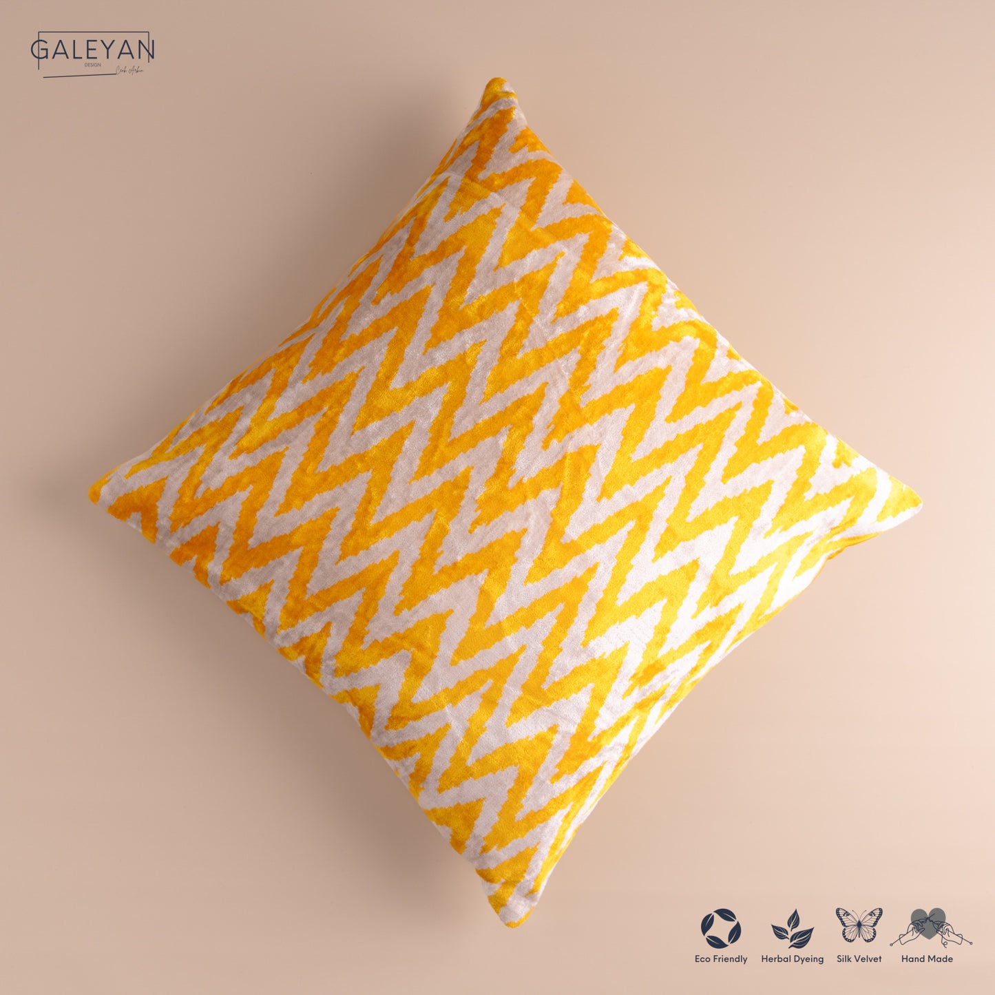 Silk Velvet Ikat Cushion – Off White/Yellow