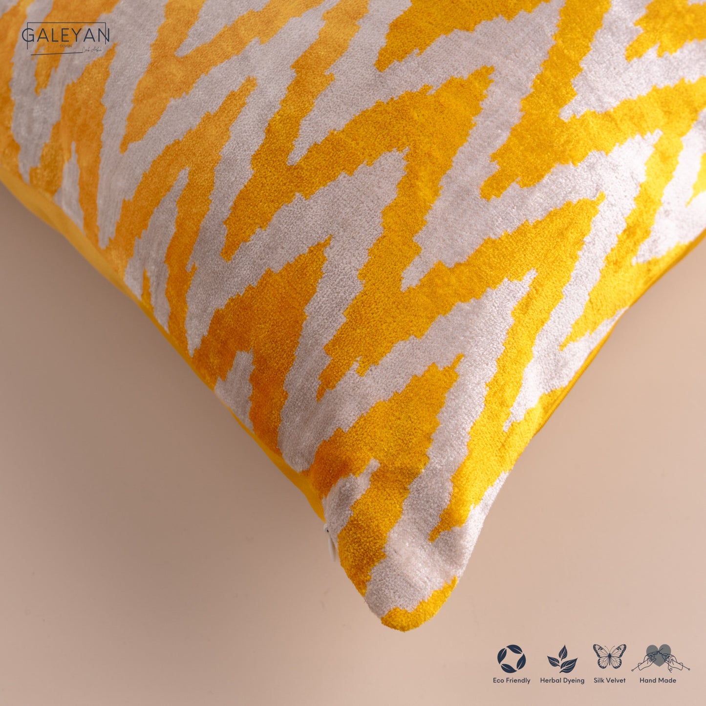 Silk Velvet Ikat Cushion – Off White/Yellow