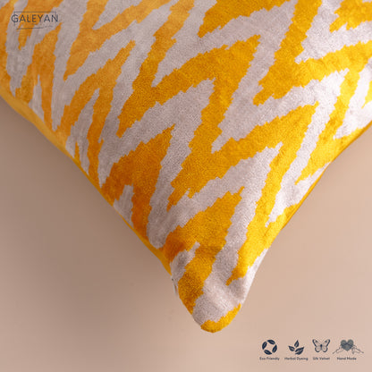 Silk Velvet Ikat Cushion – Off White/Yellow