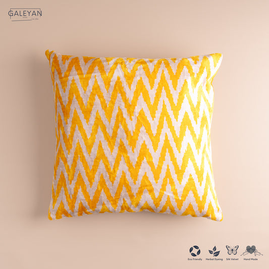 Silk Velvet Ikat Cushion – Off White/Yellow