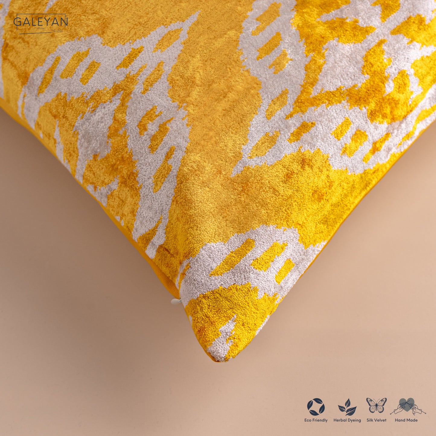Silk Velvet Ikat Cushion – Off White/Yellow