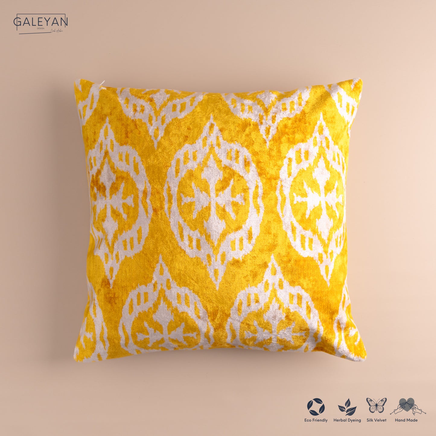 Silk Velvet Ikat Cushion – Off White/Yellow