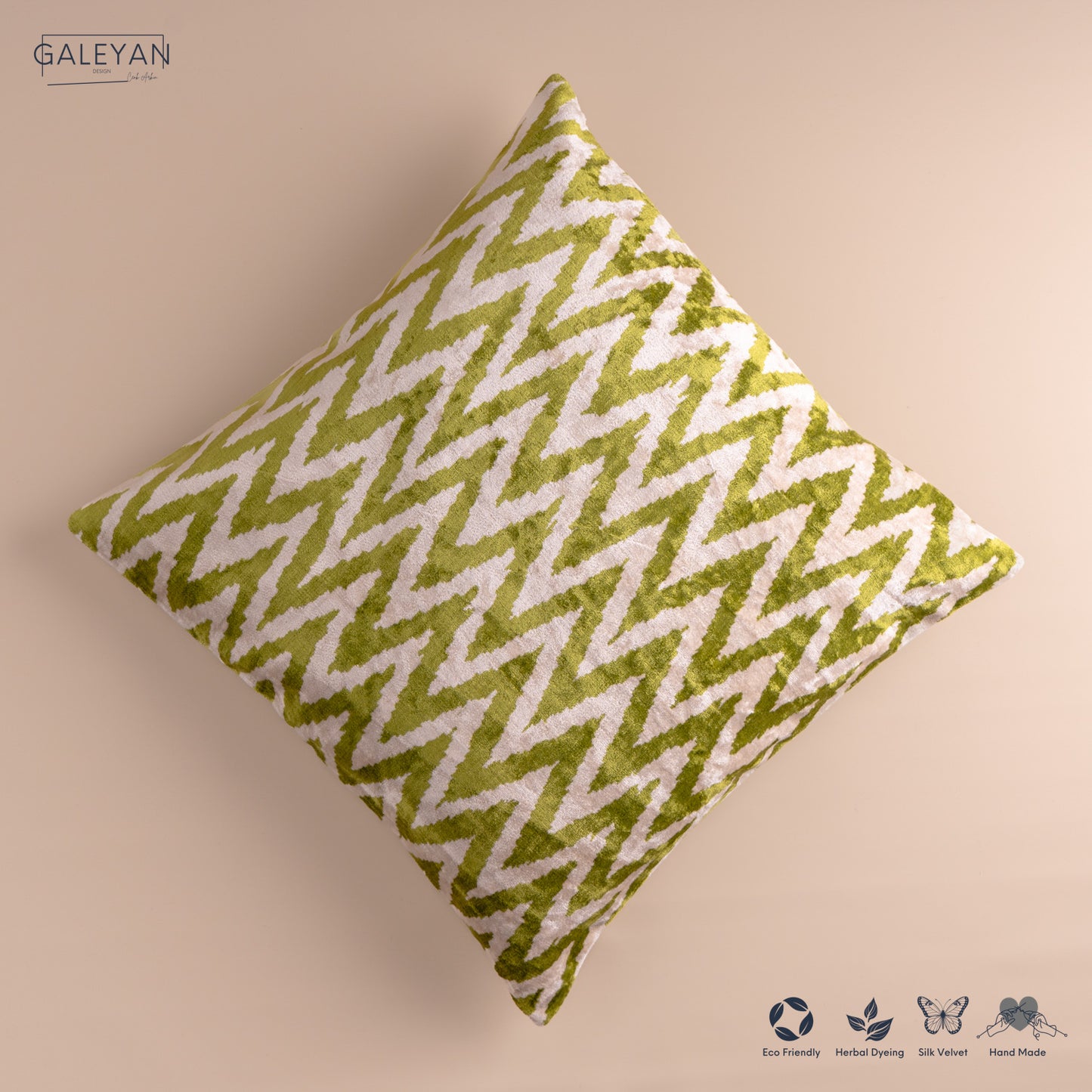 Silk Velvet Ikat Cushion – Off White/Pistachio Green
