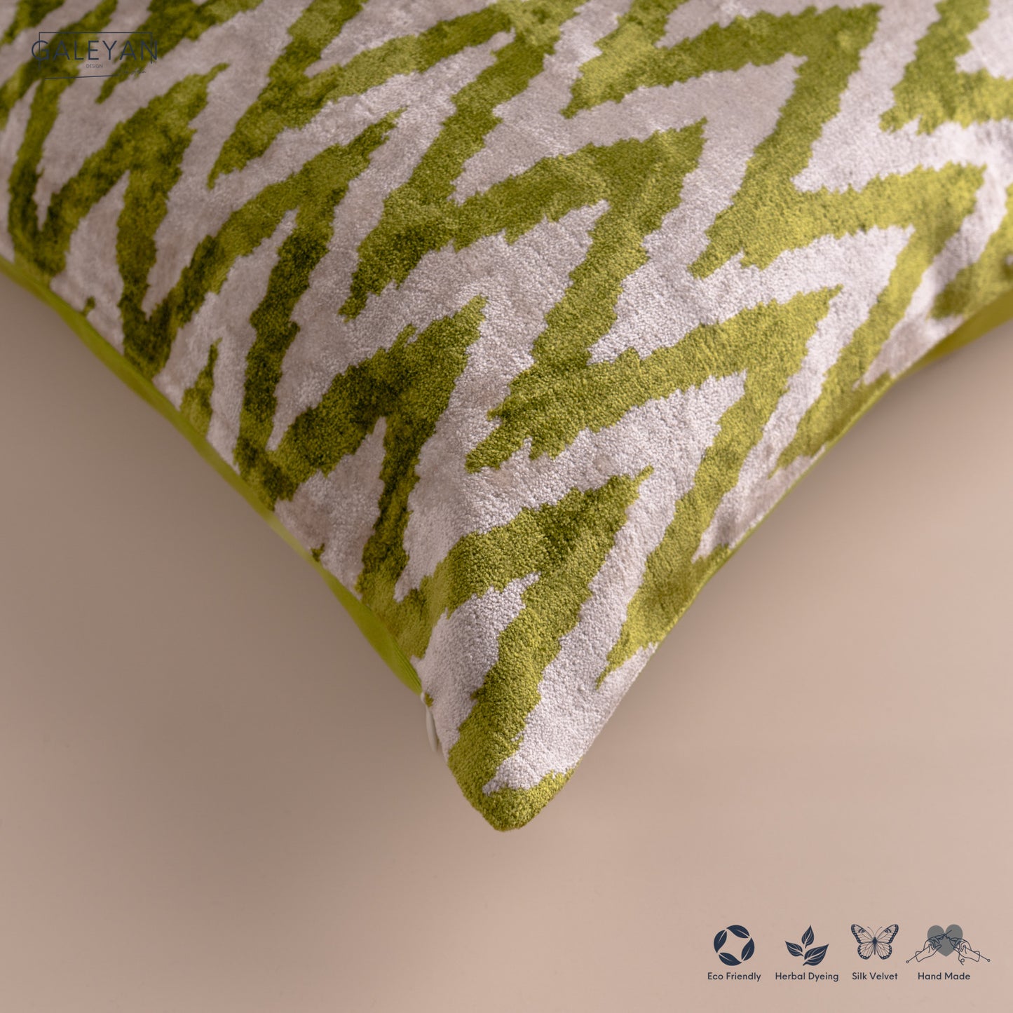 Silk Velvet Ikat Cushion – Off White/Pistachio Green