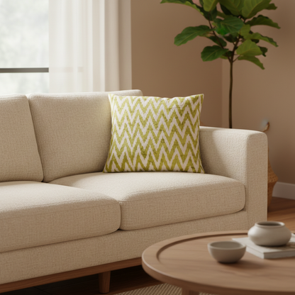 Silk Velvet Ikat Cushion – Off White/Pistachio Green