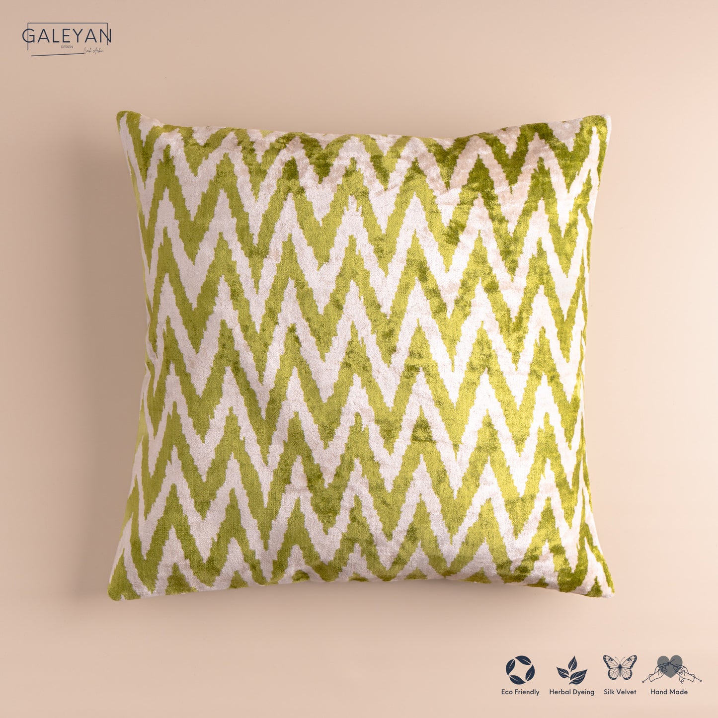 Silk Velvet Ikat Cushion – Off White/Pistachio Green