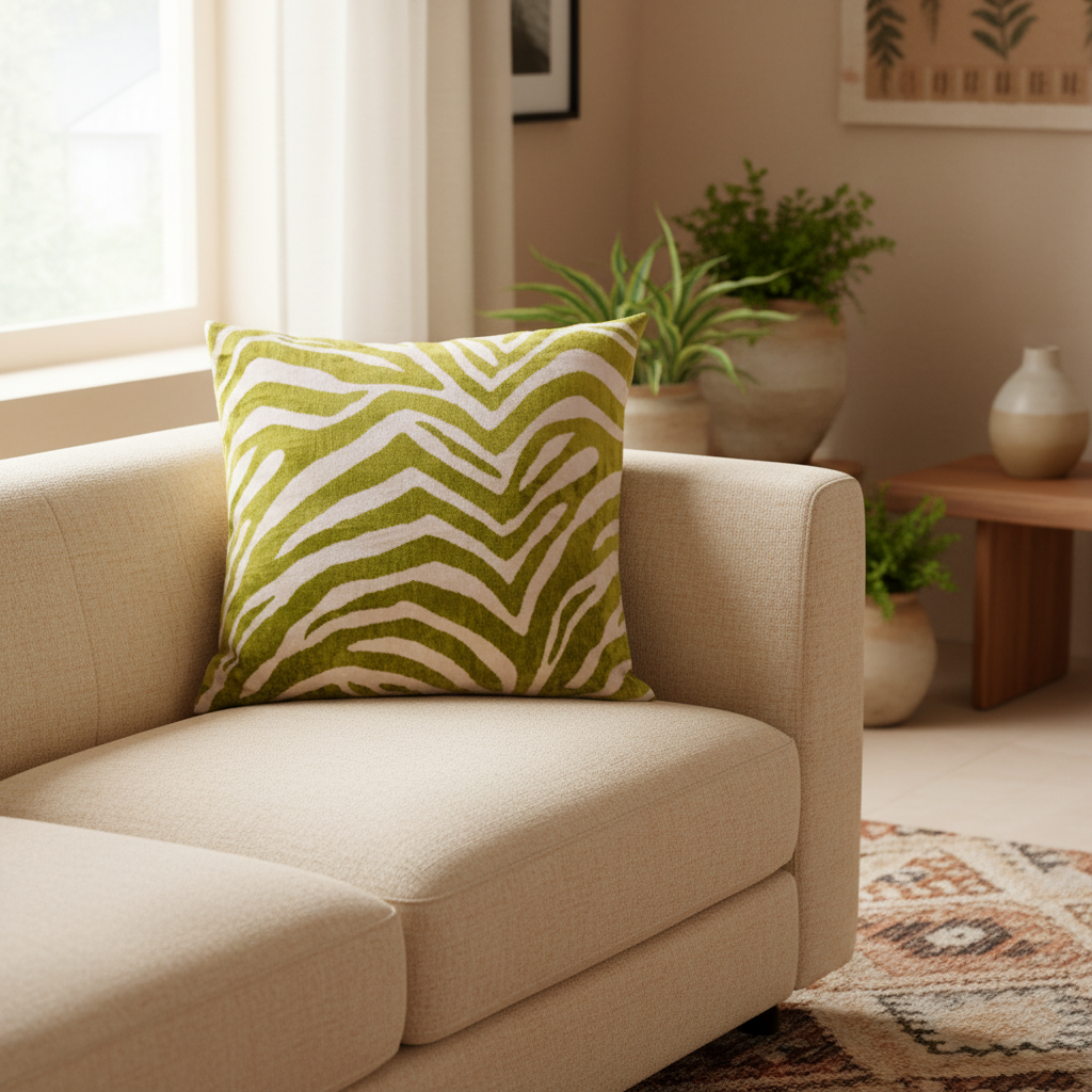 Silk Velvet Ikat Cushion – Off White/Pistachio Green