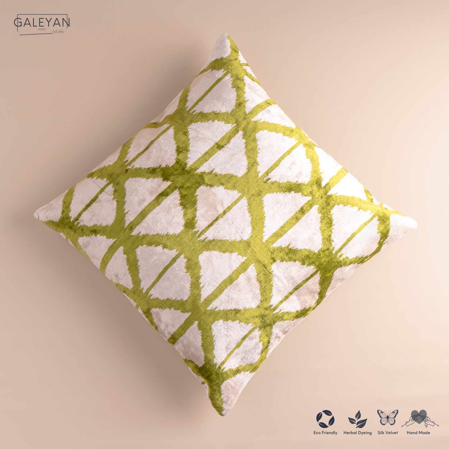 Silk Velvet Ikat Cushion – Off White/Pistachio Green