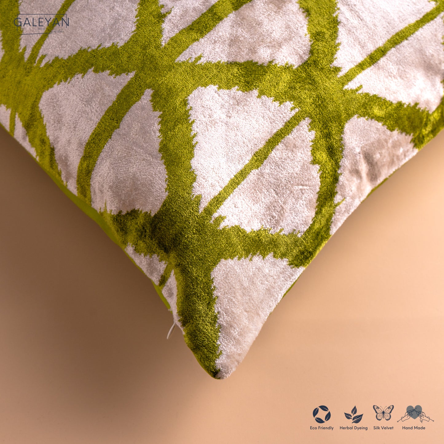 Silk Velvet Ikat Cushion – Off White/Pistachio Green