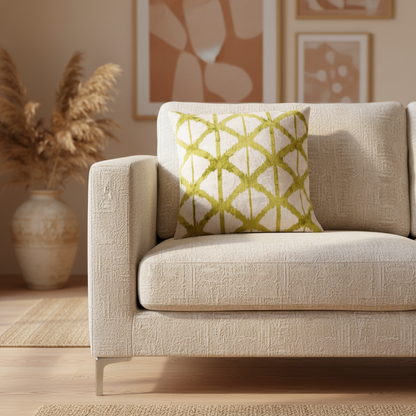 Silk Velvet Ikat Cushion – Off White/Pistachio Green