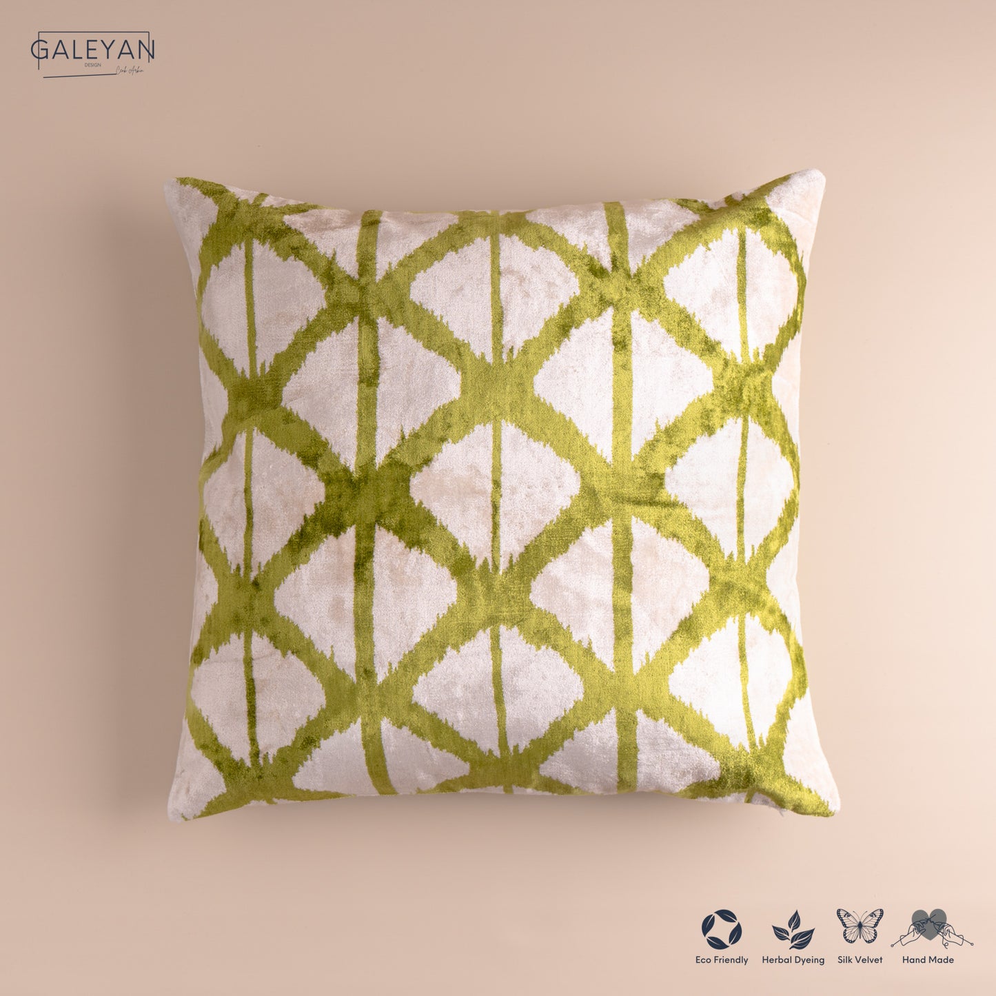 Silk Velvet Ikat Cushion – Off White/Pistachio Green