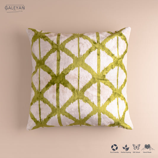 Silk Velvet Ikat Cushion – Off White/Pistachio Green