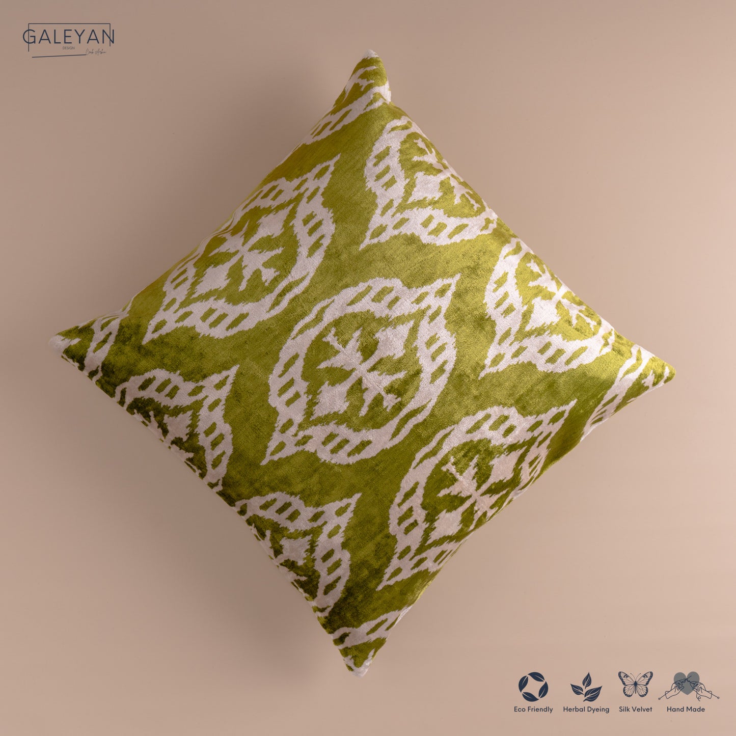 Silk Velvet Ikat Cushion – Off White/Pistachio Green