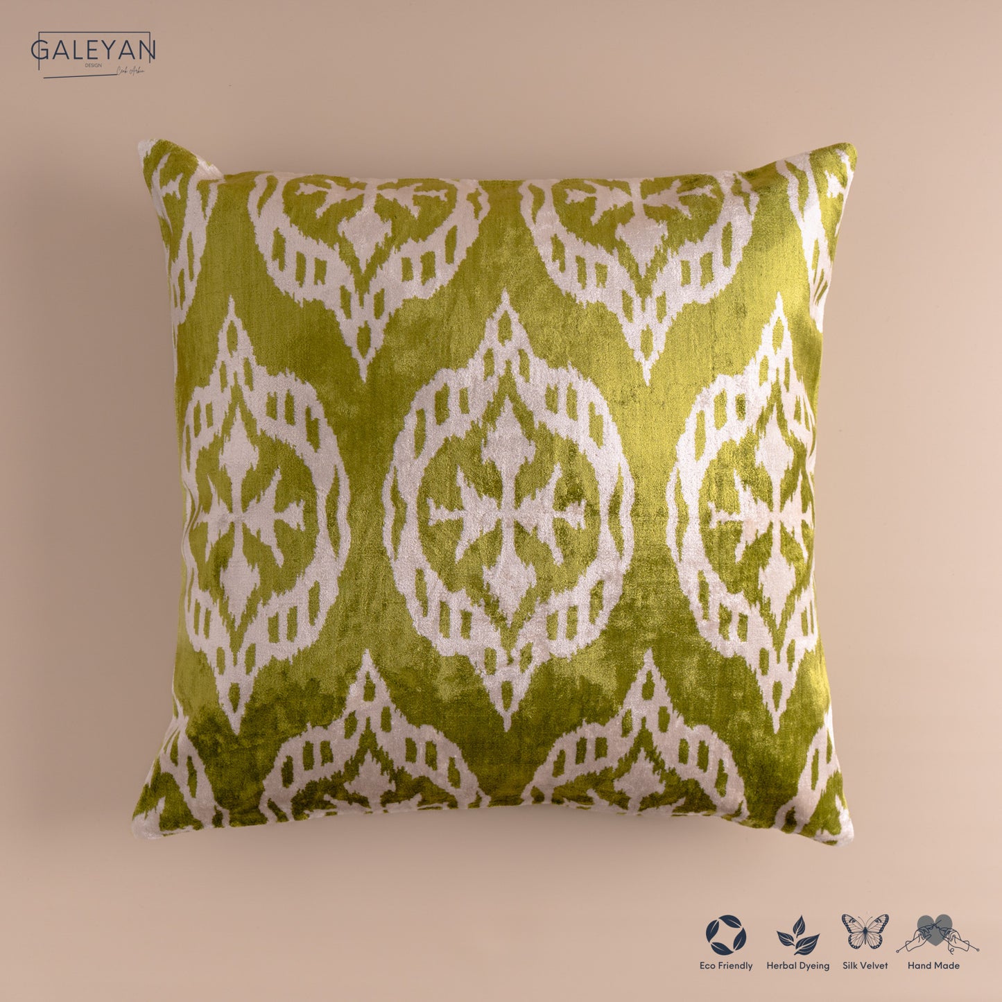 Silk Velvet Ikat Cushion – Off White/Pistachio Green