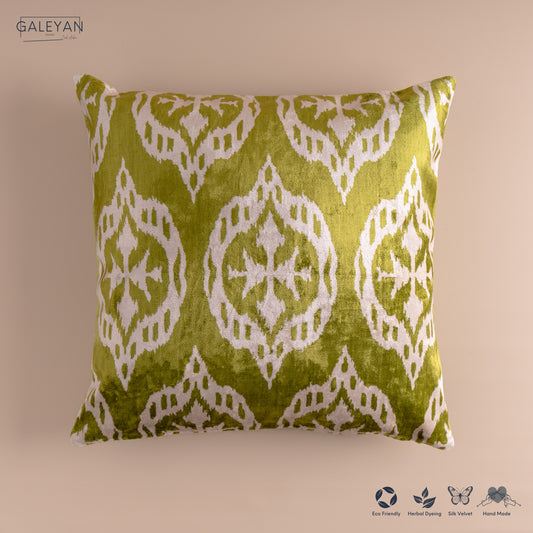 Silk Velvet Ikat Cushion – Off White/Pistachio Green