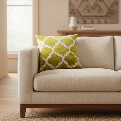 Silk Velvet Ikat Cushion – Off White/Pistachio Green