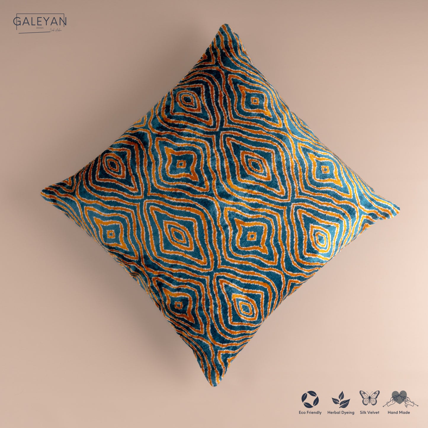 Silk Velvet Ikat Cushion – Off White/Turquoise/Saffron Gold