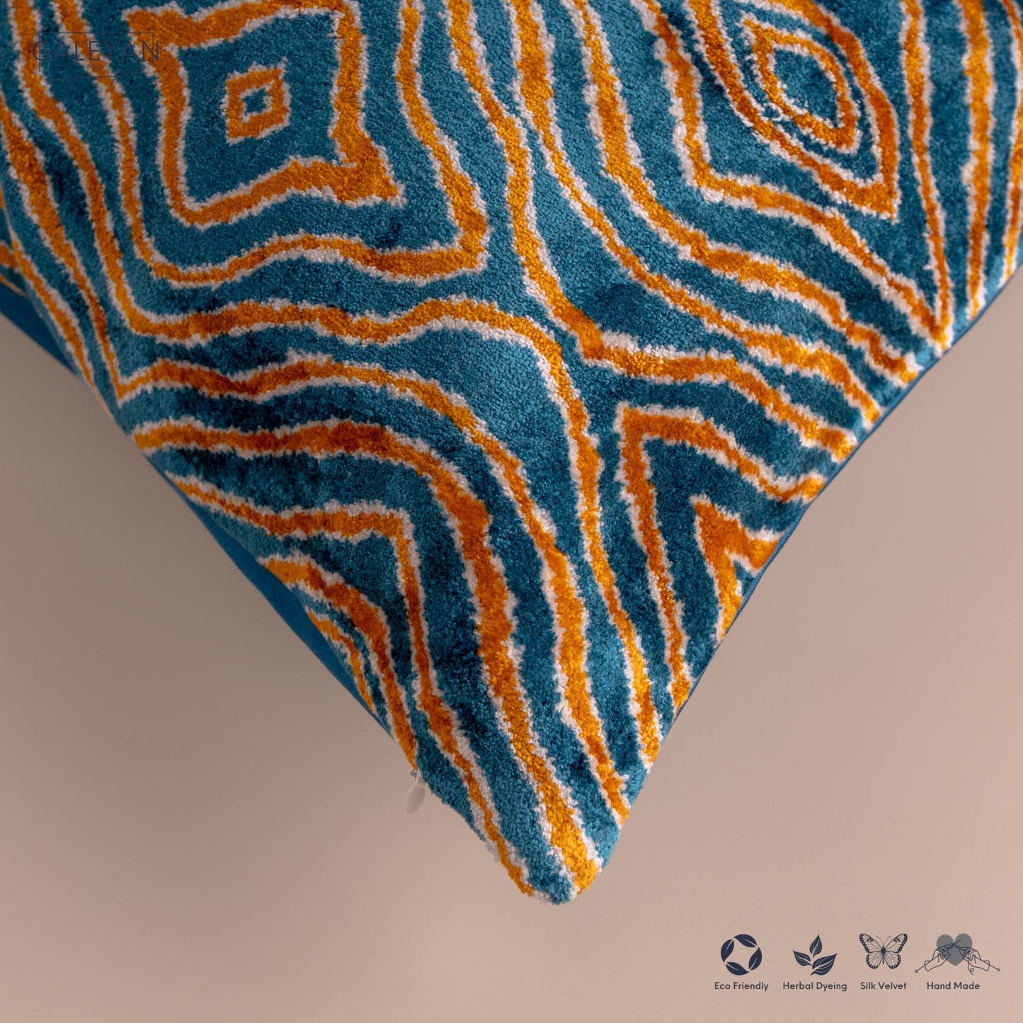 Silk Velvet Ikat Cushion – Off White/Turquoise/Saffron Gold