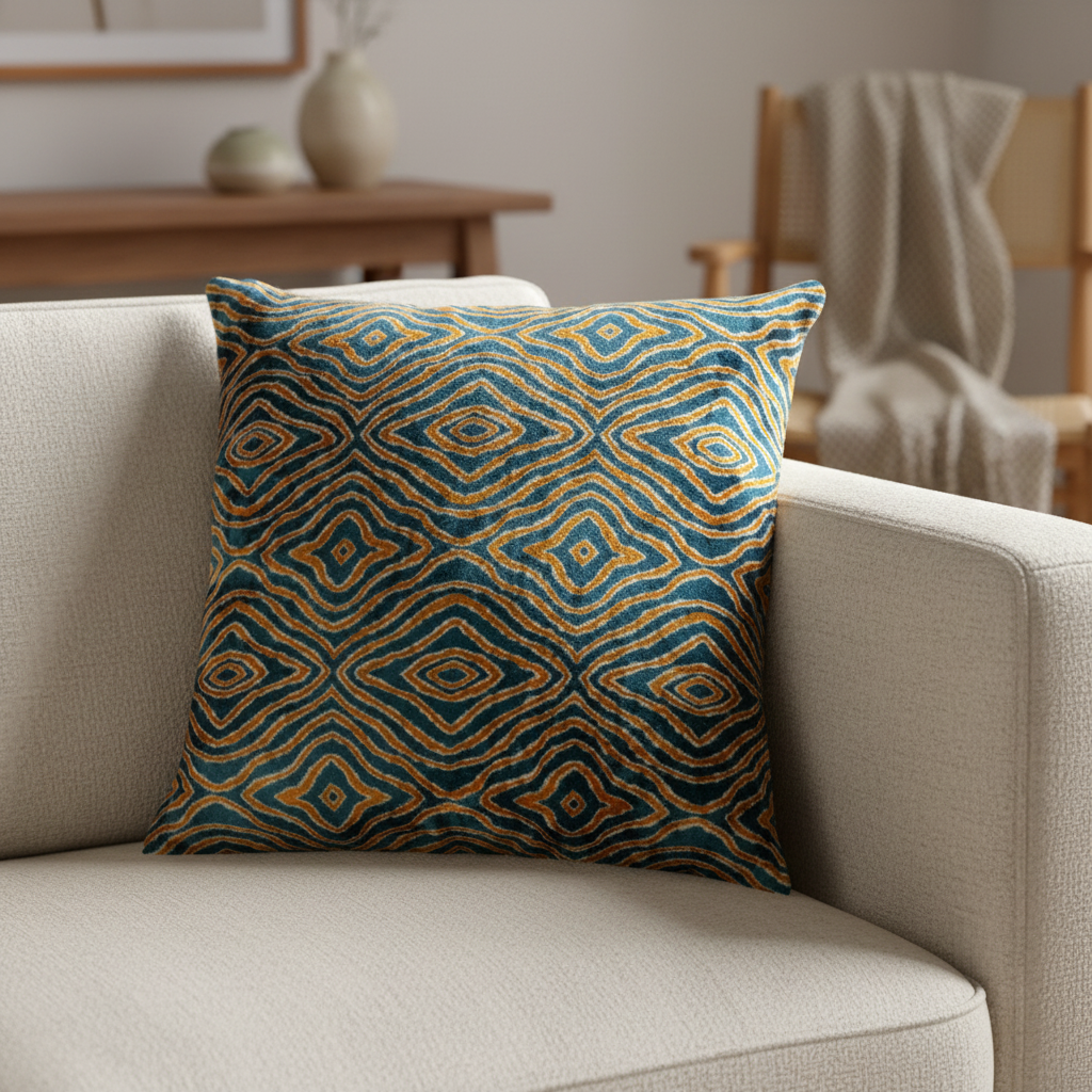 Silk Velvet Ikat Cushion – Off White/Turquoise/Saffron Gold