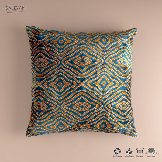 Silk Velvet Ikat Cushion – Off White/Turquoise/Saffron Gold