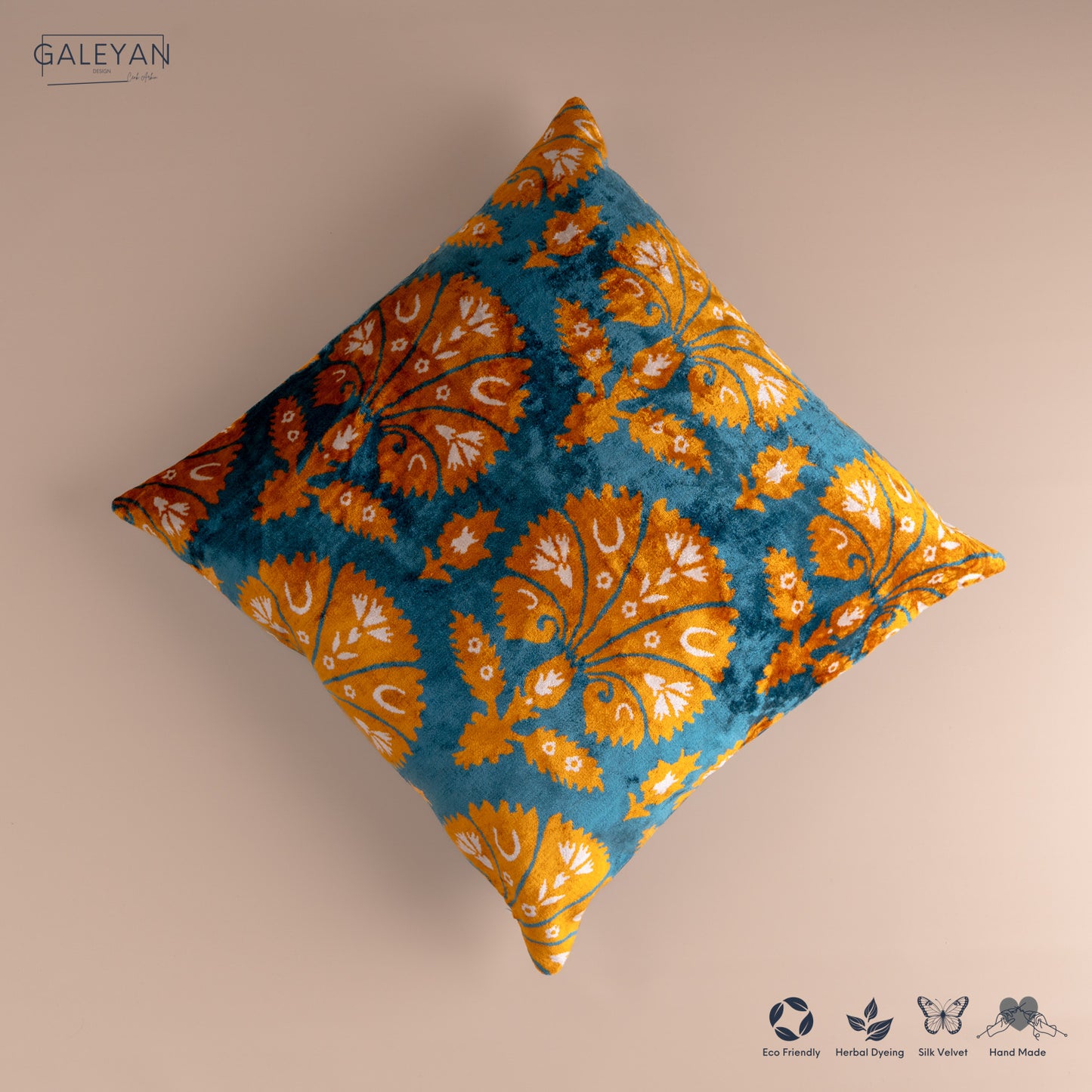 Silk Velvet Ikat Cushion – Off White/Turquoise/Saffron Gold