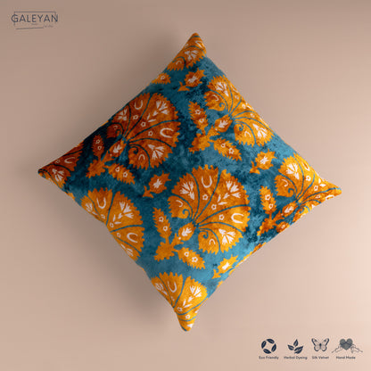 Silk Velvet Ikat Cushion – Off White/Turquoise/Saffron Gold