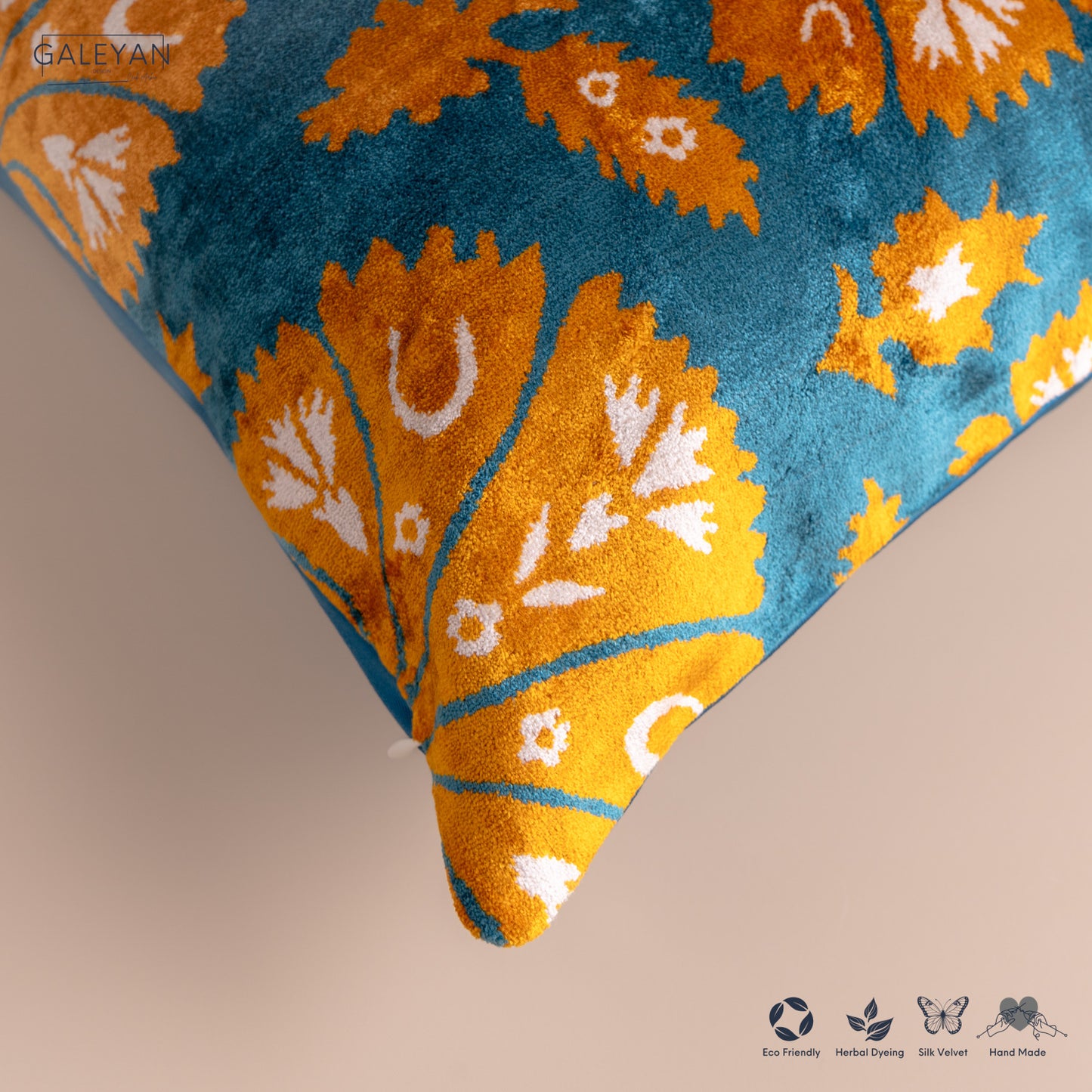 Silk Velvet Ikat Cushion – Off White/Turquoise/Saffron Gold