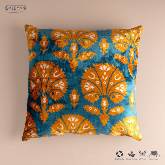 Silk Velvet Ikat Cushion – Off White/Turquoise/Saffron Gold