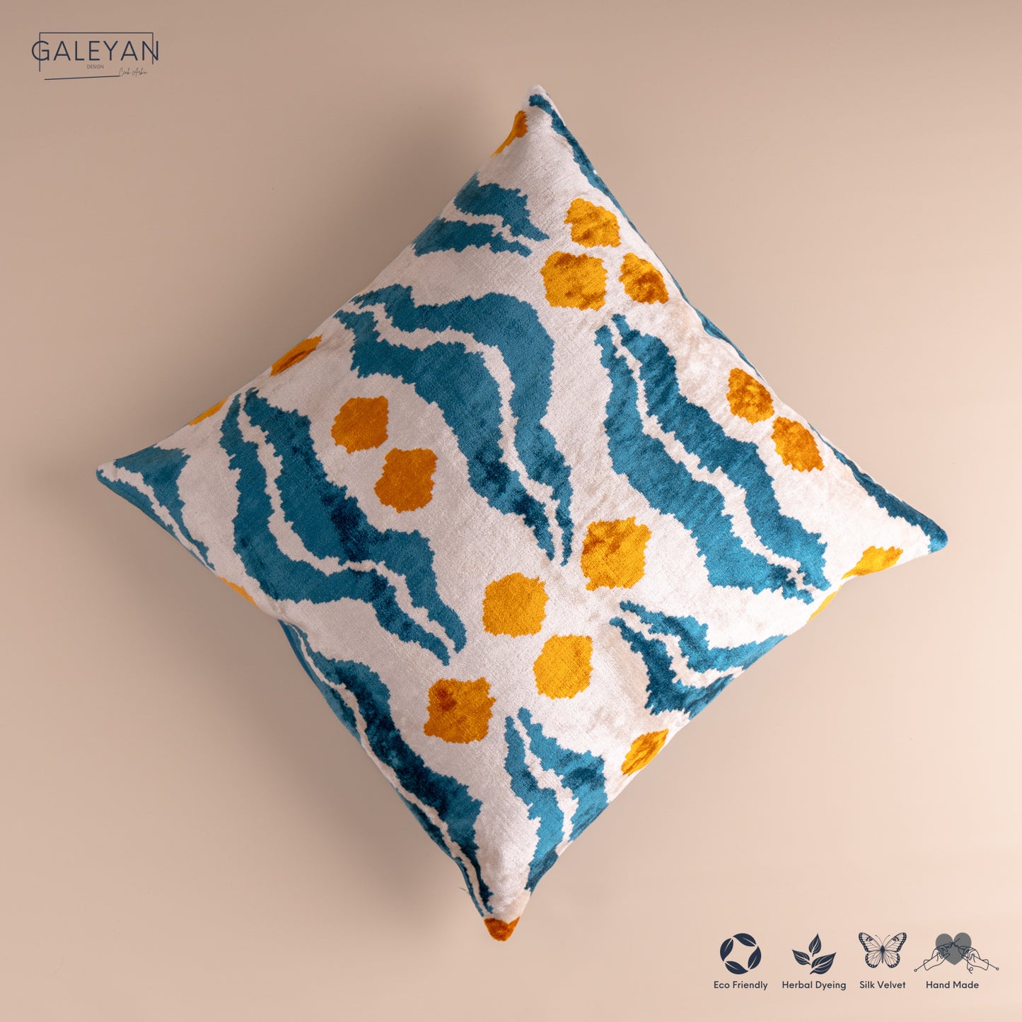 Silk Velvet Ikat Cushion – Off White/Turquoise/Saffron Gold