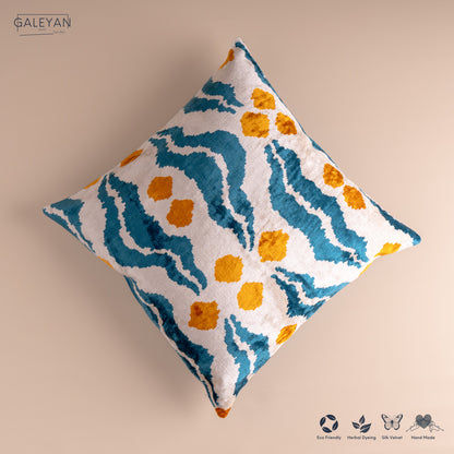 Silk Velvet Ikat Cushion – Off White/Turquoise/Saffron Gold
