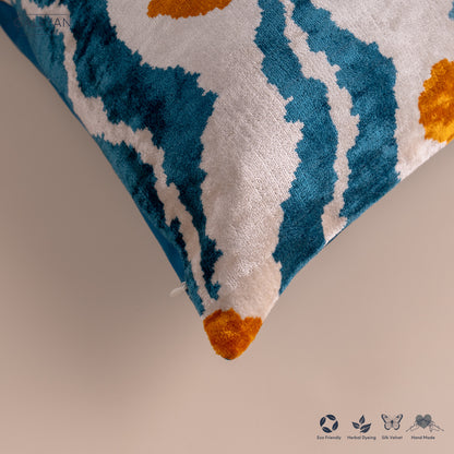 Silk Velvet Ikat Cushion – Off White/Turquoise/Saffron Gold