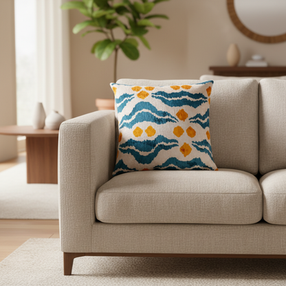 Silk Velvet Ikat Cushion – Off White/Turquoise/Saffron Gold