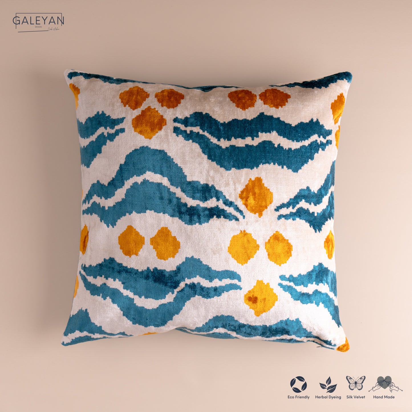 Silk Velvet Ikat Cushion – Off White/Turquoise/Saffron Gold