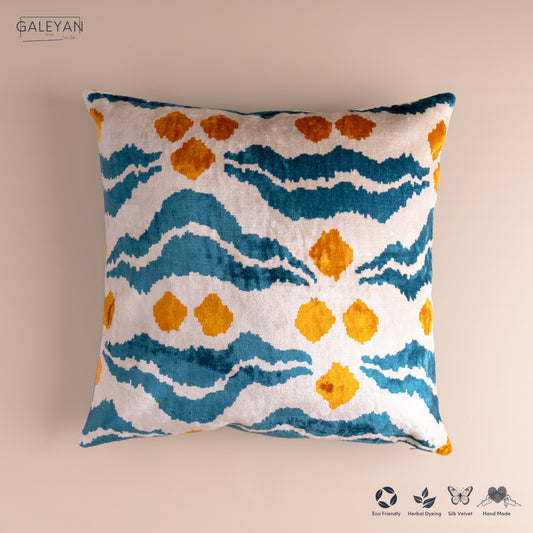 Silk Velvet Ikat Cushion – Off White/Turquoise/Saffron Gold