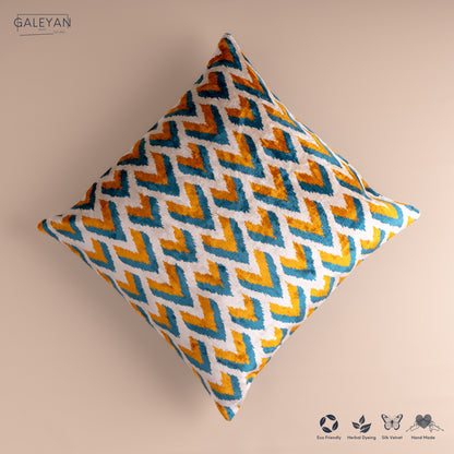 Silk Velvet Ikat Cushion – Off White/Turquoise/Saffron Gold