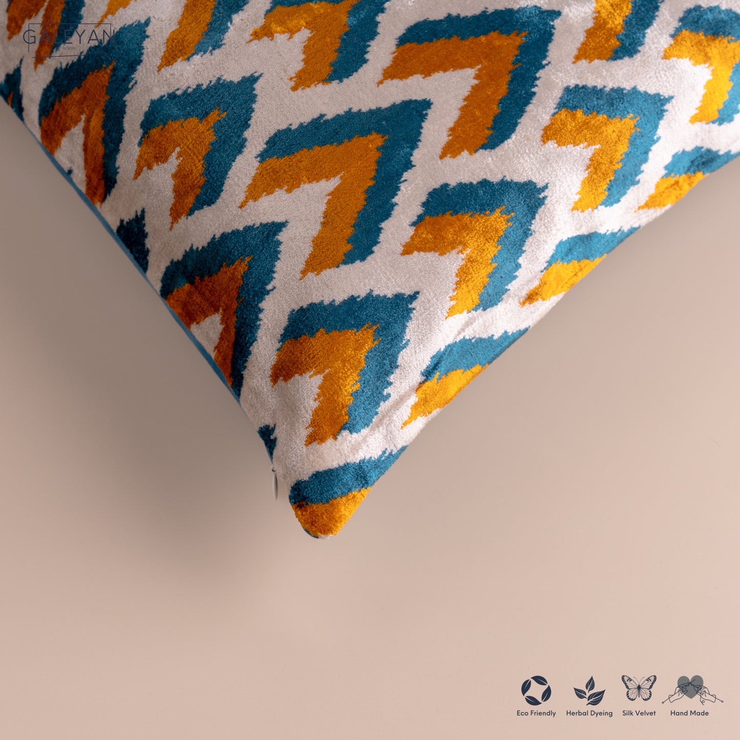 Silk Velvet Ikat Cushion – Off White/Turquoise/Saffron Gold