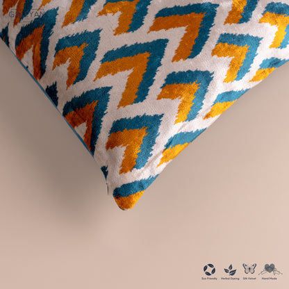 Silk Velvet Ikat Cushion – Off White/Turquoise/Saffron Gold