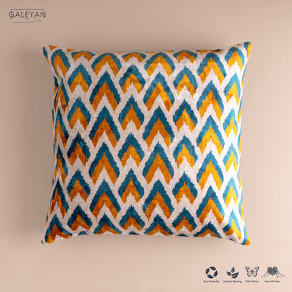 Silk Velvet Ikat Cushion – Off White/Turquoise/Saffron Gold