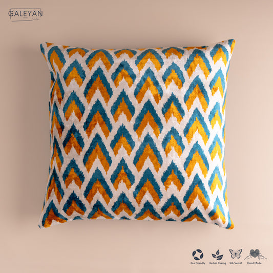Silk Velvet Ikat Cushion – Off White/Turquoise/Saffron Gold