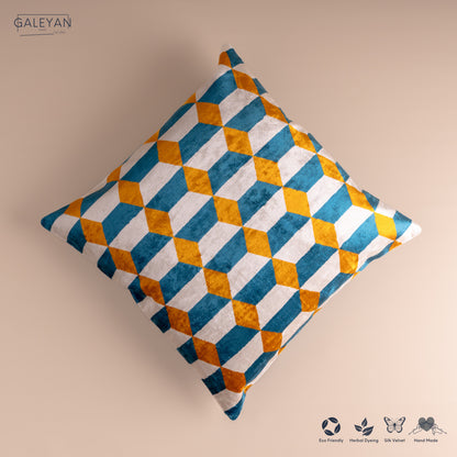 Silk Velvet Ikat Cushion – Off White/Turquoise/Saffron Gold