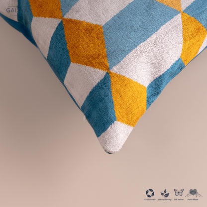 Silk Velvet Ikat Cushion – Off White/Turquoise/Saffron Gold
