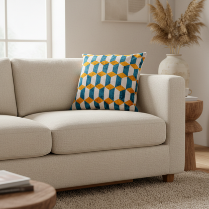 Silk Velvet Ikat Cushion – Off White/Turquoise/Saffron Gold
