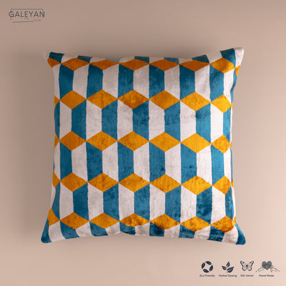 Silk Velvet Ikat Cushion – Off White/Turquoise/Saffron Gold